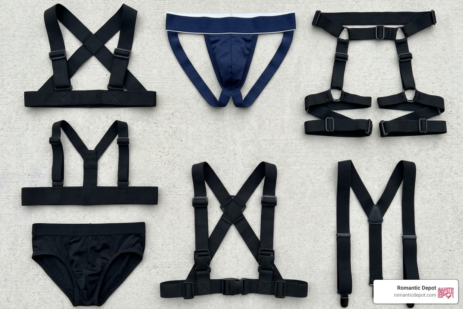 flat-lay of various harness styles like boxer briefs and traditional straps