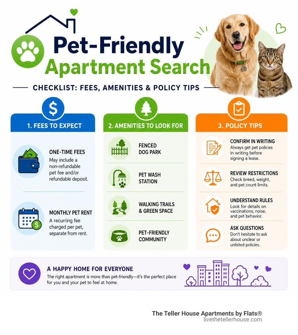Pet-friendly apartment search checklist infographic with amenities and policy tips infographic