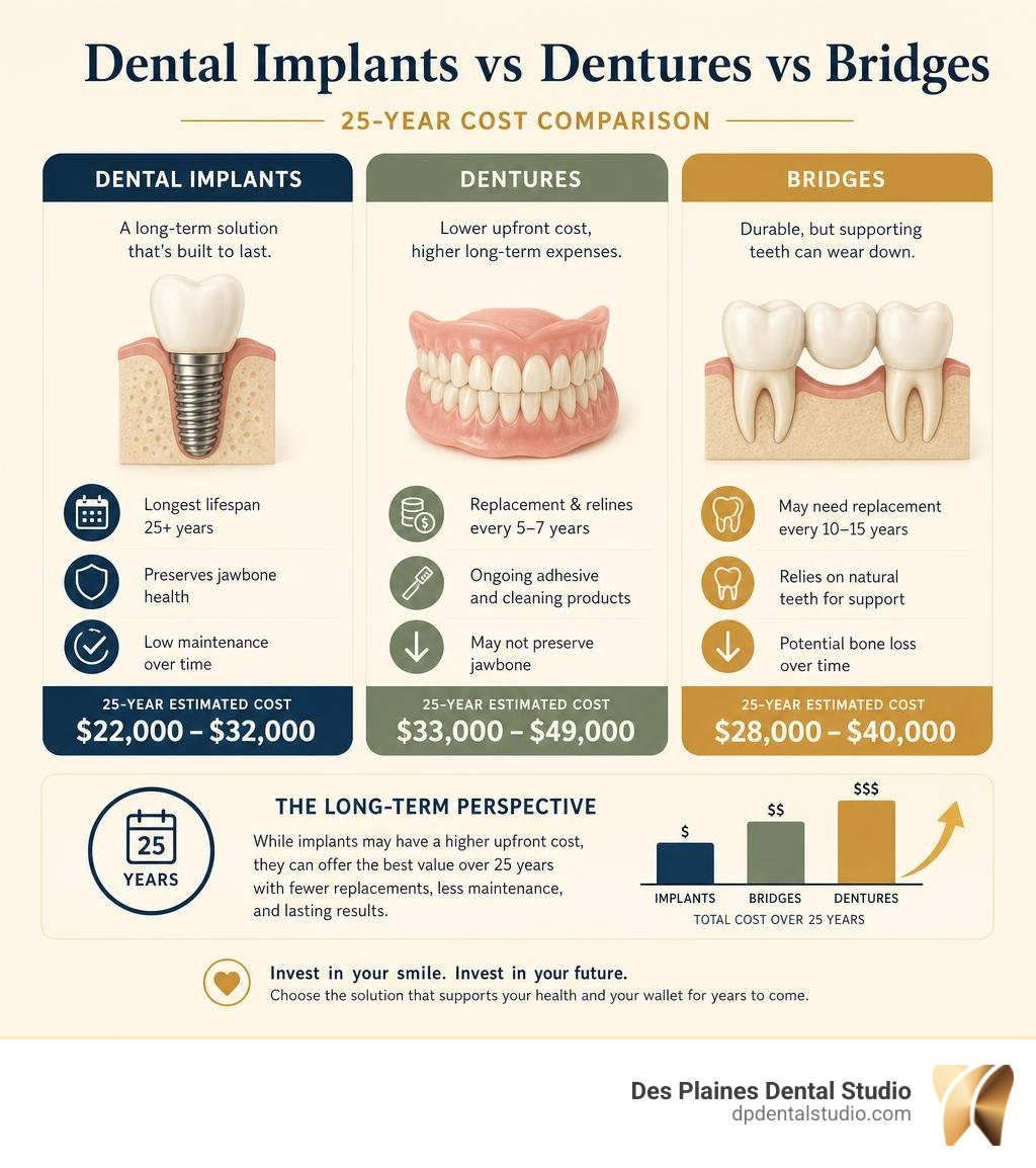 Infographic comparing long-term costs of dental implants vs dentures vs bridges over 25 years infographic