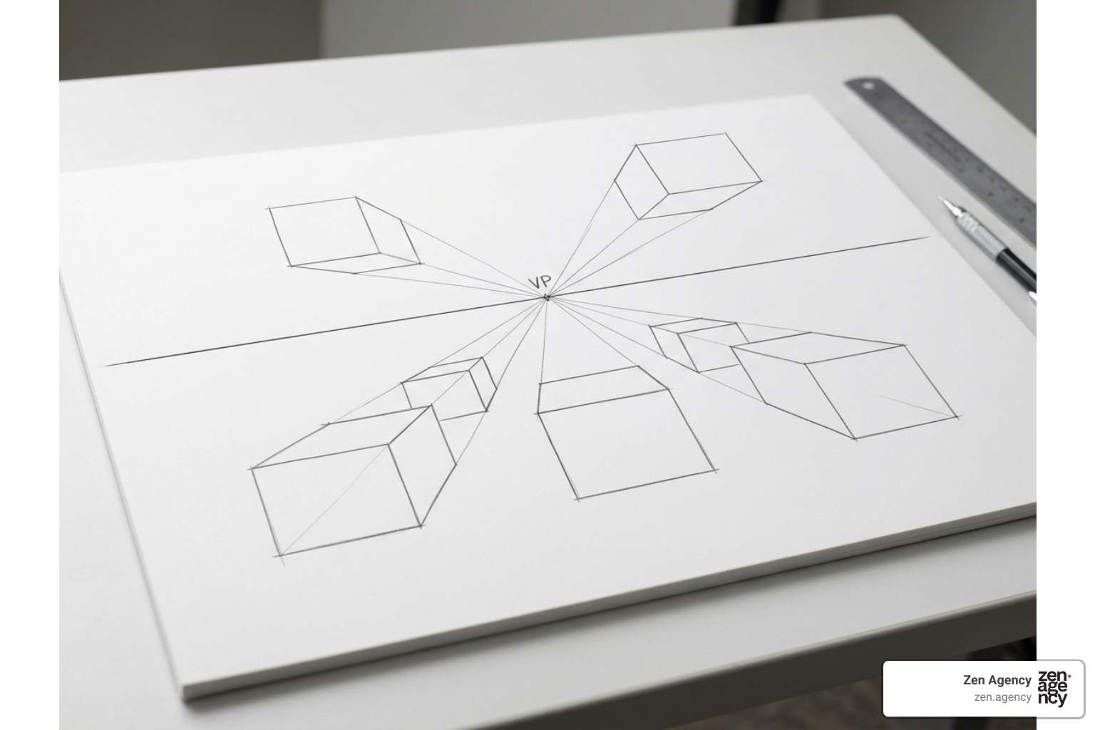 Diagram of linear perspective lines leading to a single vanishing point on a horizon line Diagram of linear perspective lines leading to a single vanishing point on a horizon line