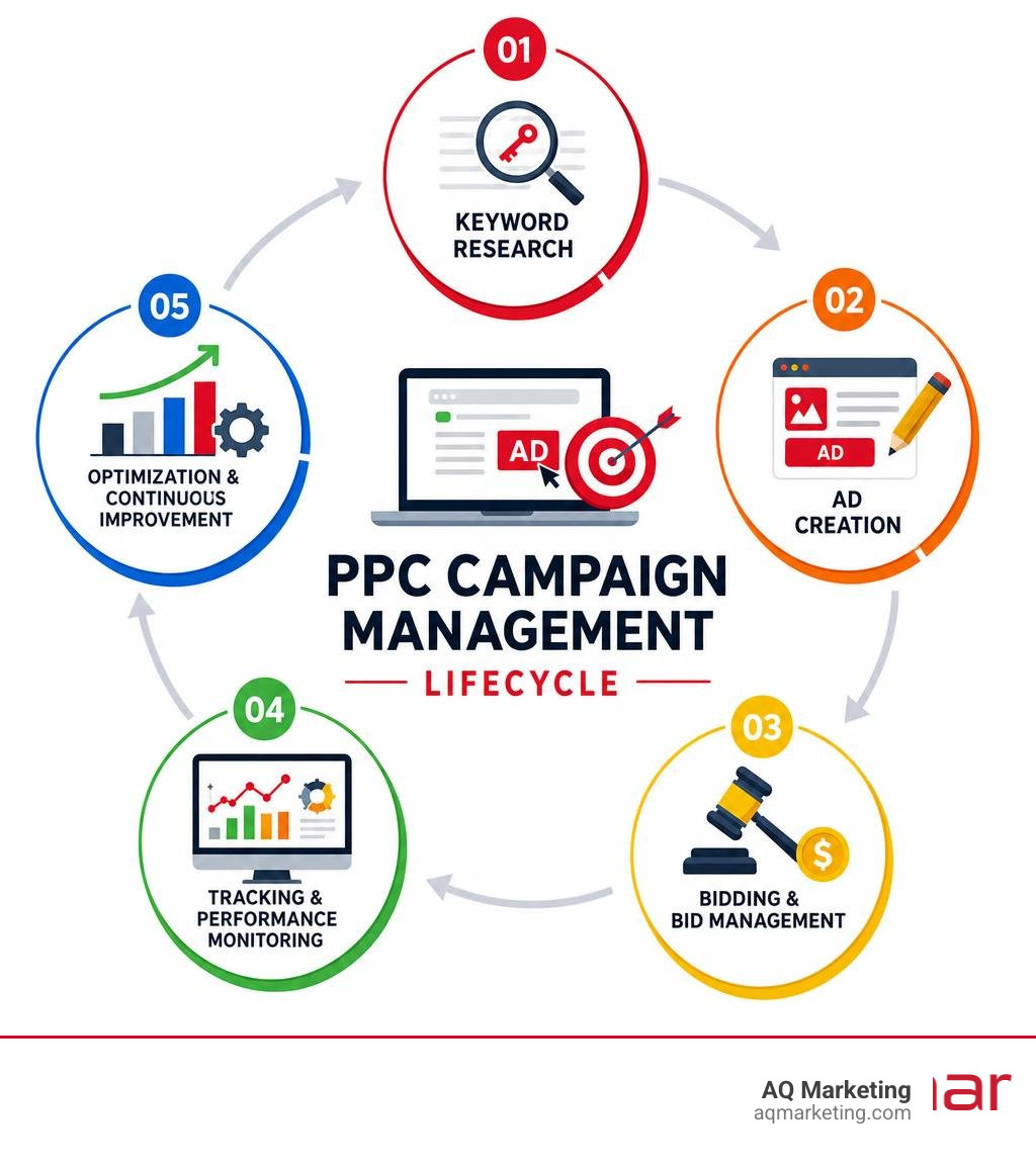 Infographic showing the PPC campaign management lifecycle: keyword research, ad creation, bidding, tracking, and Infographic showing the PPC campaign management lifecycle: keyword research, ad creation, bidding, tracking, and