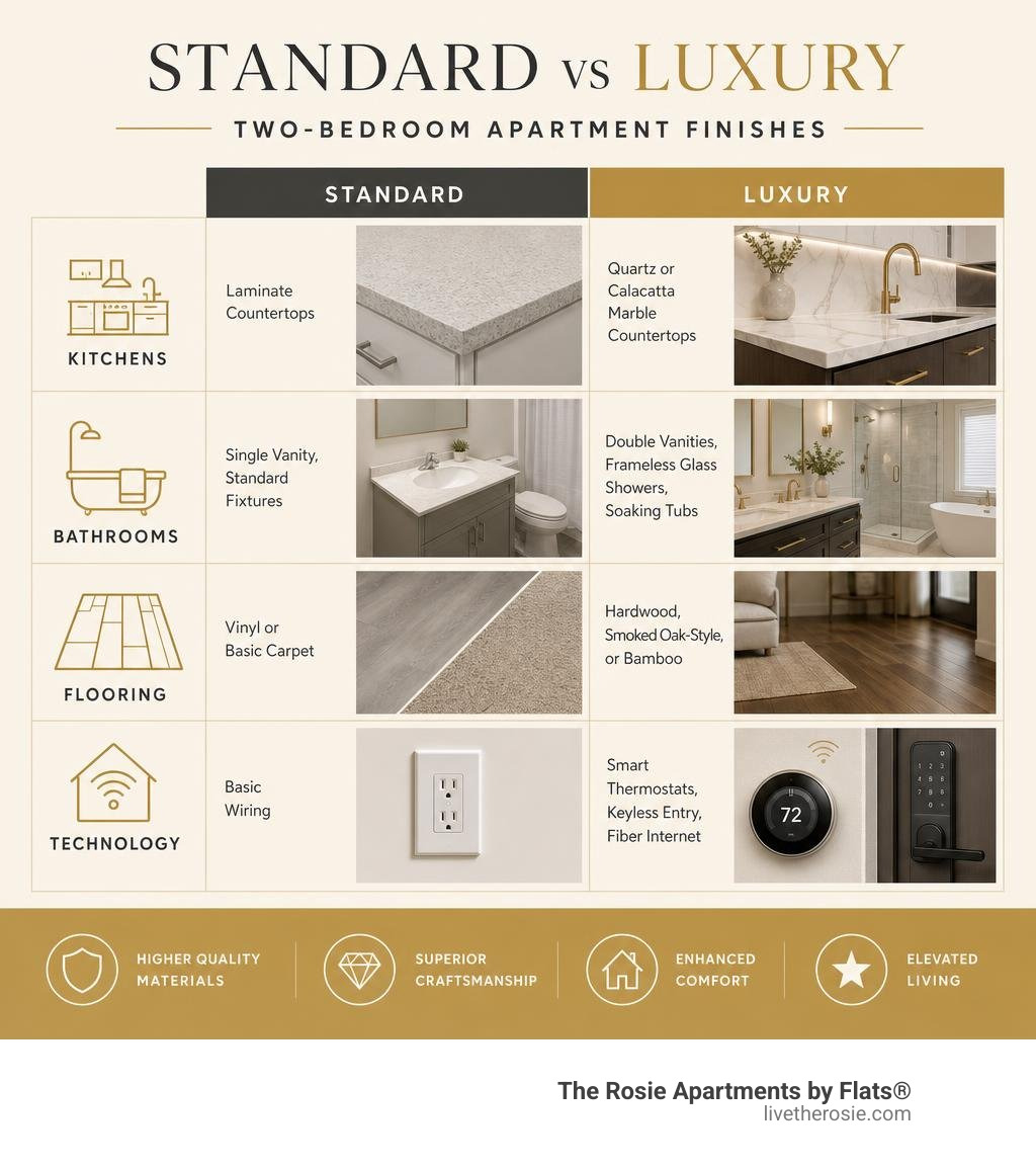 Infographic comparing standard vs luxury two-bedroom apartment finishes across kitchens, bathrooms, flooring, and tech Infographic comparing standard vs luxury two-bedroom apartment finishes across kitchens, bathrooms, flooring, and tech