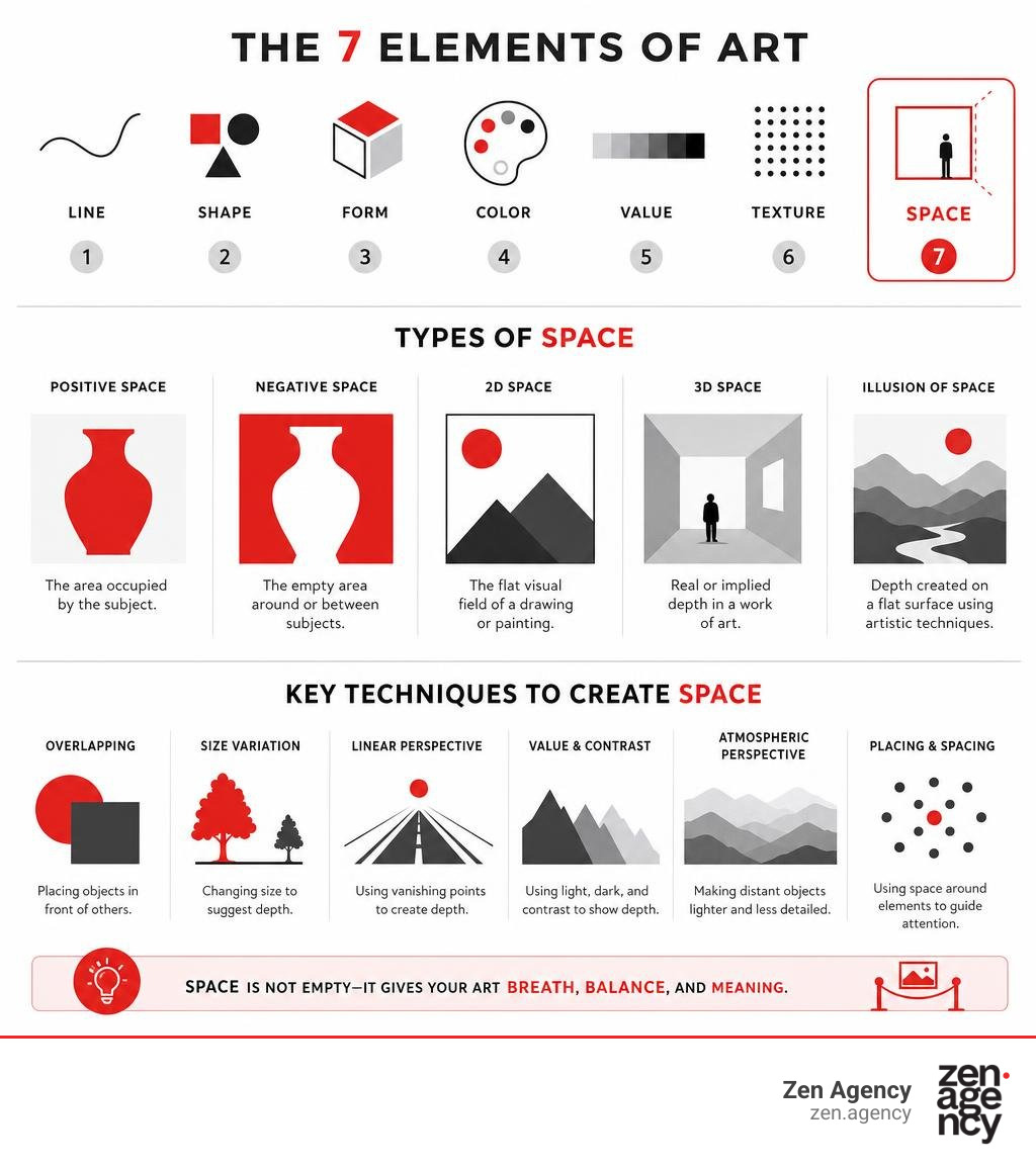 Infographic showing the seven elements of art with space highlighted, types of space, and key techniques infographic Infographic showing the seven elements of art with space highlighted, types of space, and key techniques infographic