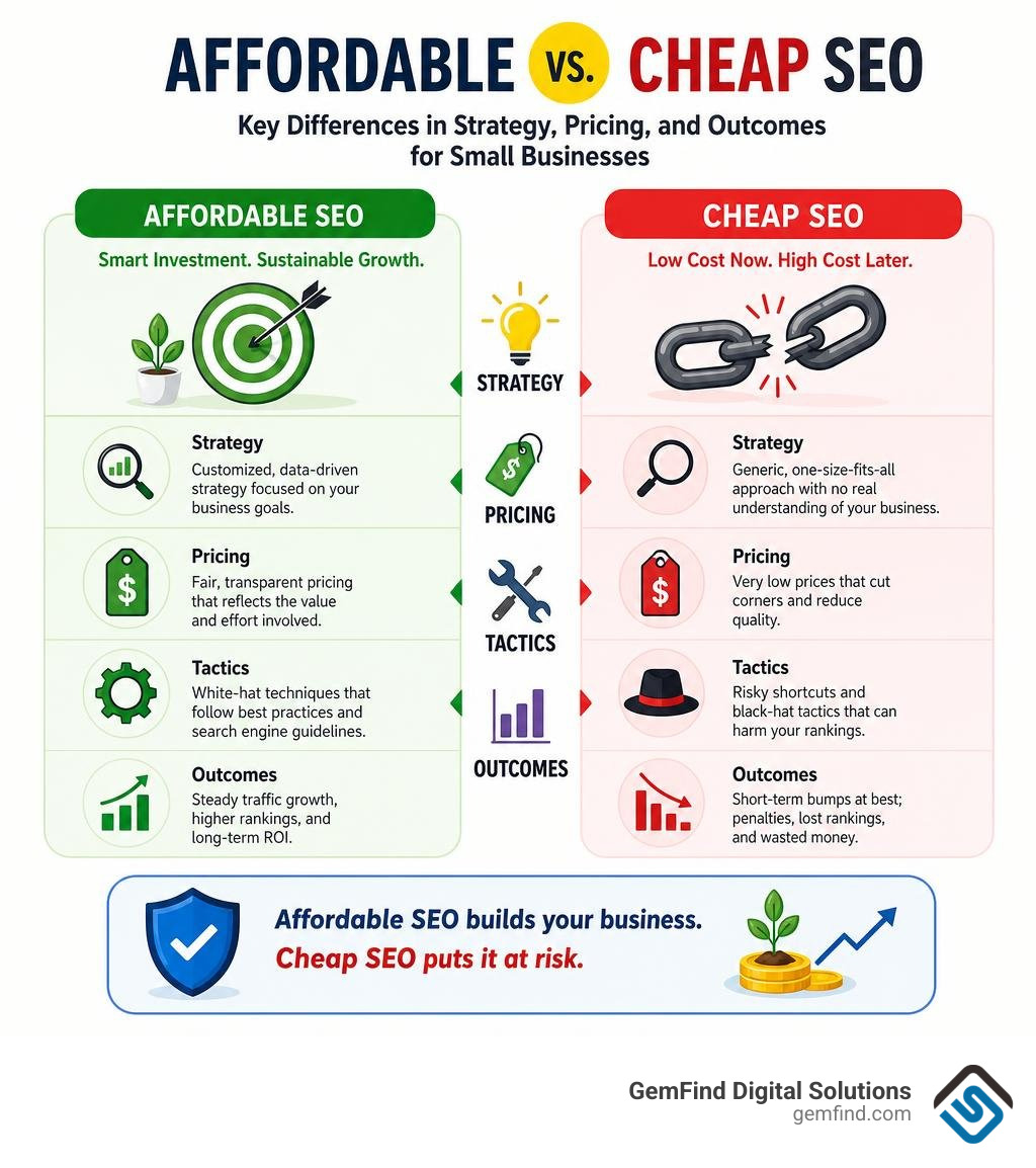 Affordable vs cheap SEO: key differences in strategy, pricing, and outcomes for small businesses infographic Affordable vs cheap SEO: key differences in strategy, pricing, and outcomes for small businesses infographic