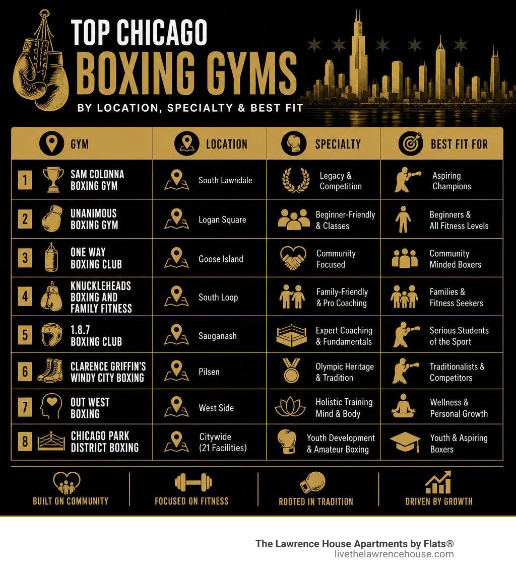 Infographic comparing top Chicago boxing gyms by location, specialty, and best fit for different goals infographic Infographic comparing top Chicago boxing gyms by location, specialty, and best fit for different goals infographic