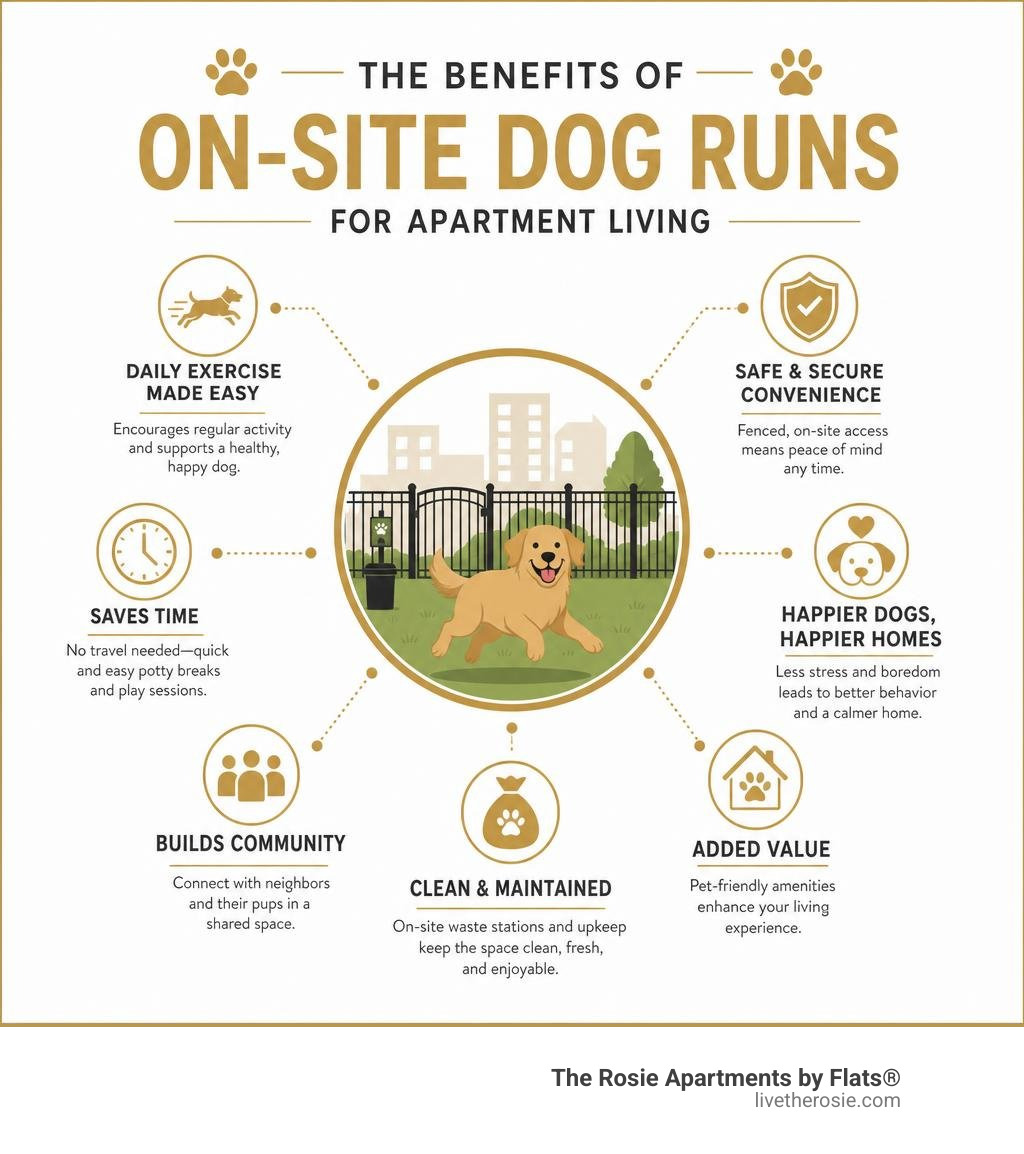 Infographic showing key benefits of on-site dog run amenities in apartment communities infographic