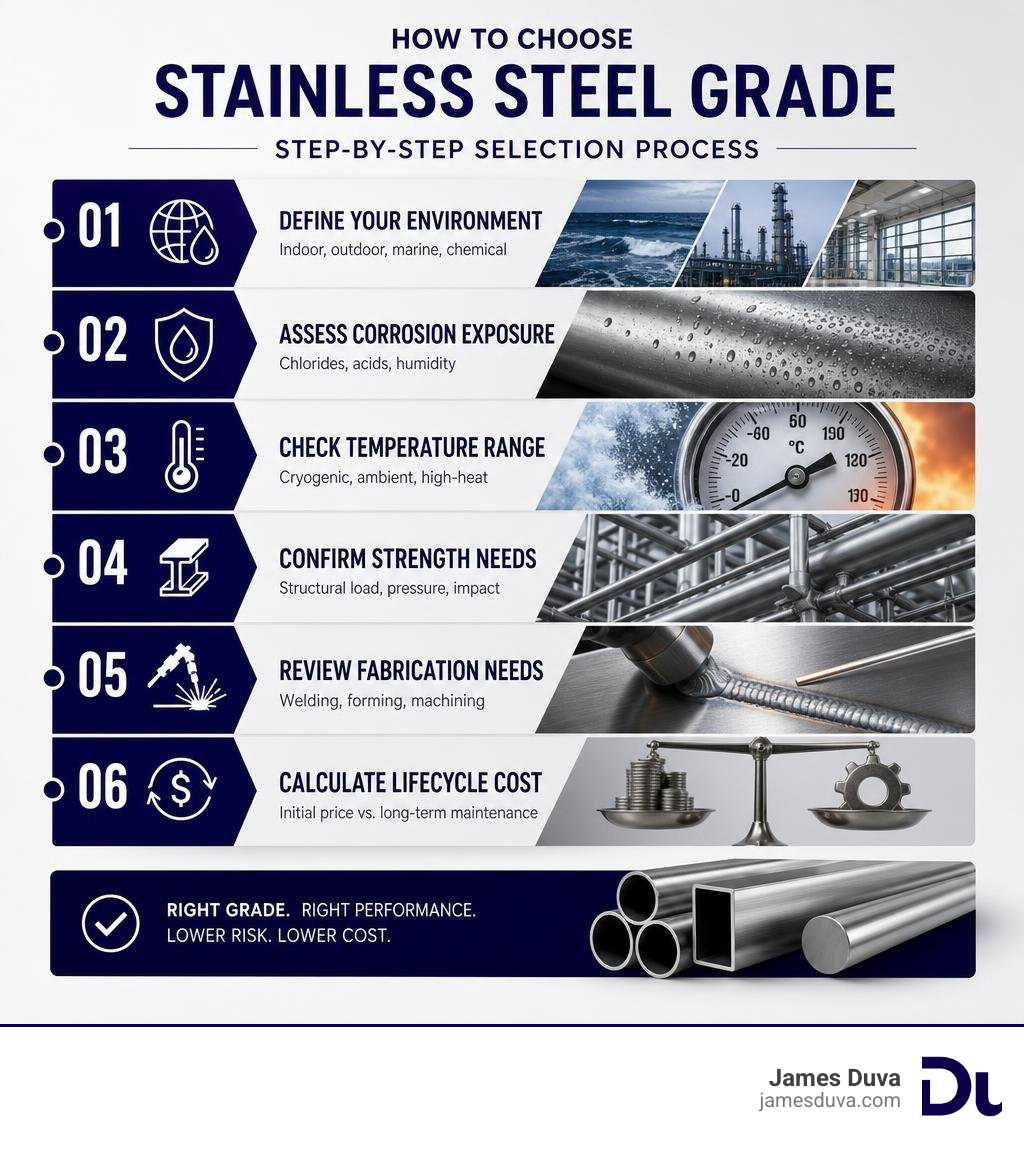 Step-by-step stainless steel grade selection process from environment to lifecycle cost infographic Step-by-step stainless steel grade selection process from environment to lifecycle cost infographic