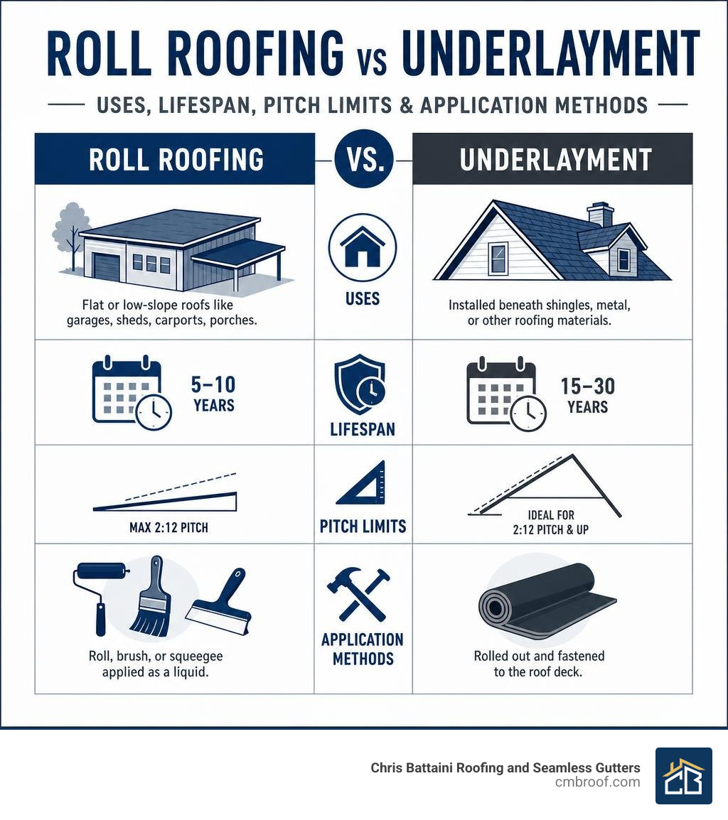 Infographic comparing roll roofing vs underlayment: uses, lifespan, pitch limits, and application methods infographic
