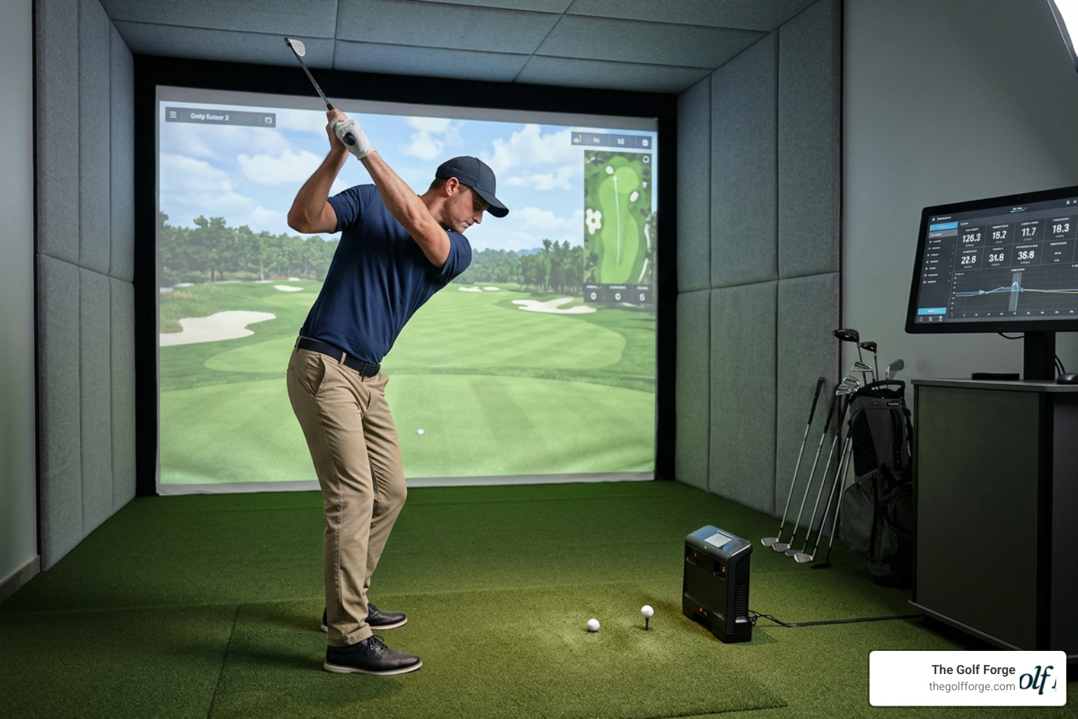 A golfer hitting a real premium golf ball in an indoor simulator bay A golfer hitting a real premium golf ball in an indoor simulator bay