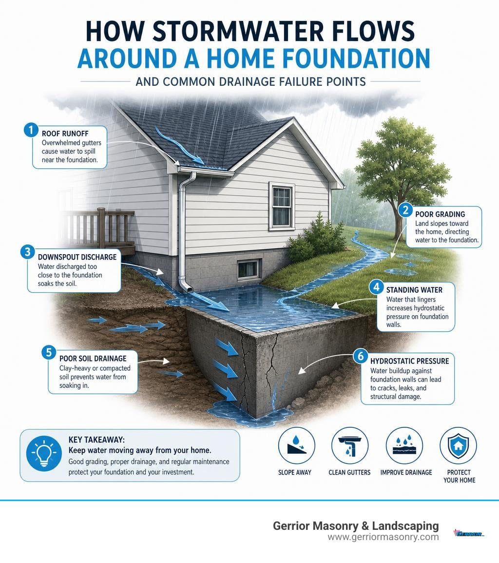 Infographic showing how stormwater flows around a home foundation and common drainage failure points infographic Infographic showing how stormwater flows around a home foundation and common drainage failure points infographic