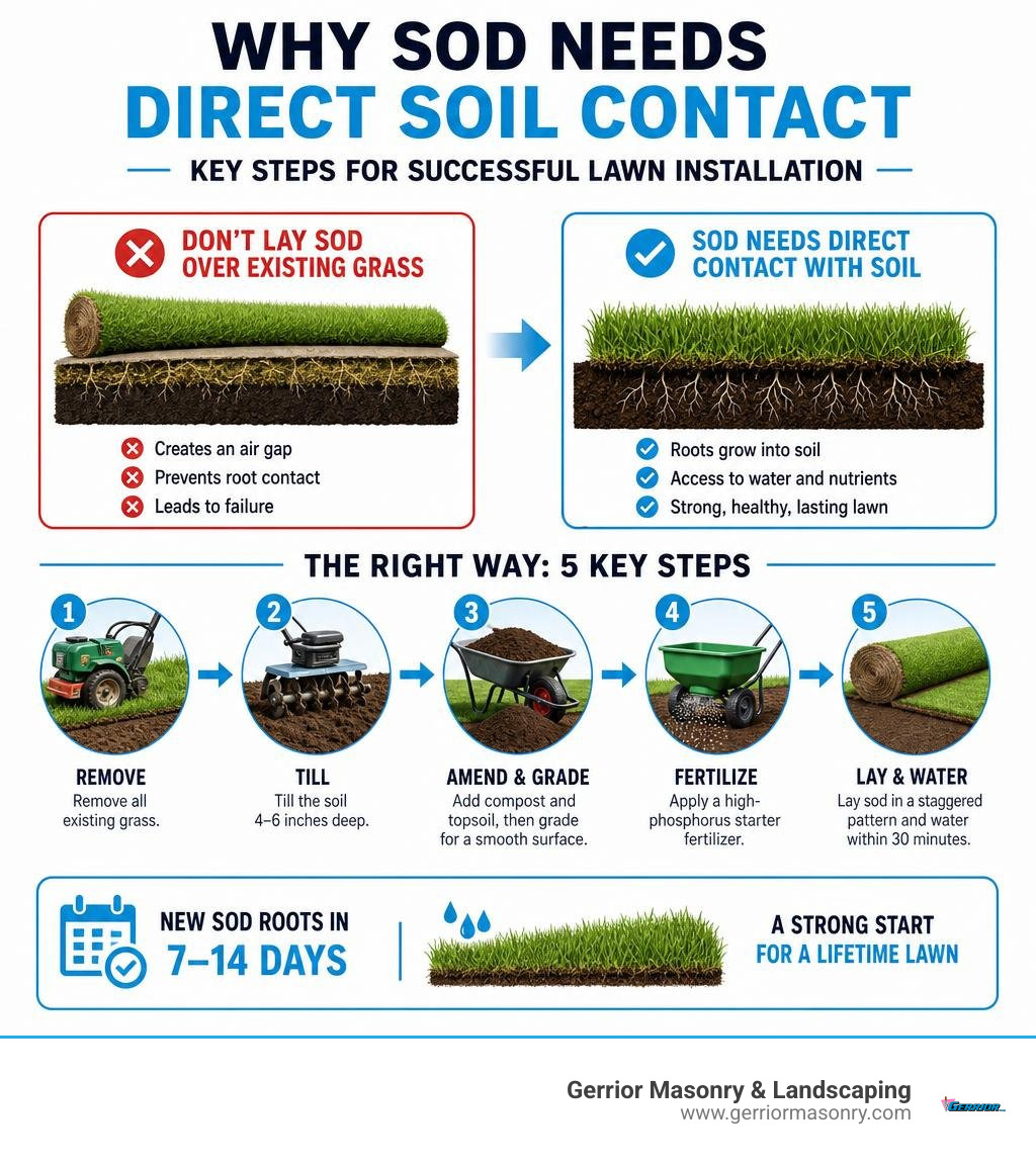 Why sod needs direct soil contact — key steps for successful lawn installation infographic