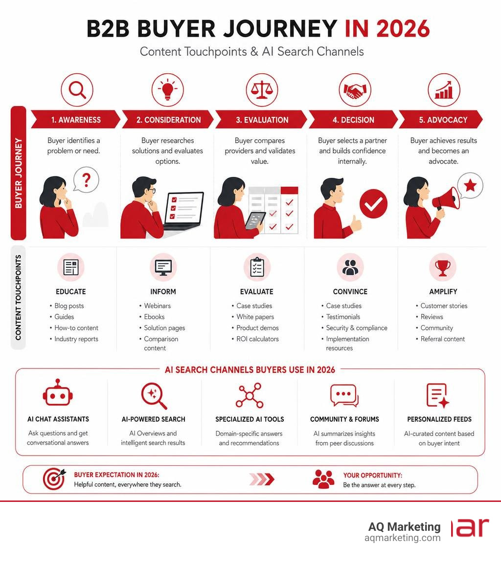 Infographic showing the B2B buyer journey in 2026 with content touchpoints and AI search channels infographic Infographic showing the B2B buyer journey in 2026 with content touchpoints and AI search channels infographic