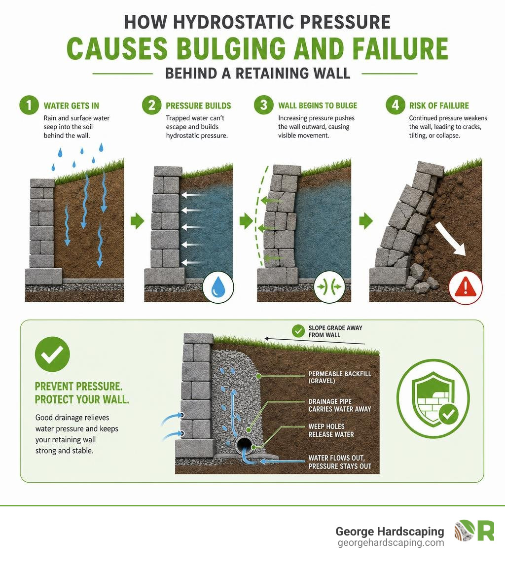 Infographic showing hydrostatic pressure buildup behind a retaining wall and how it causes bulging and failure infographic Infographic showing hydrostatic pressure buildup behind a retaining wall and how it causes bulging and failure infographic