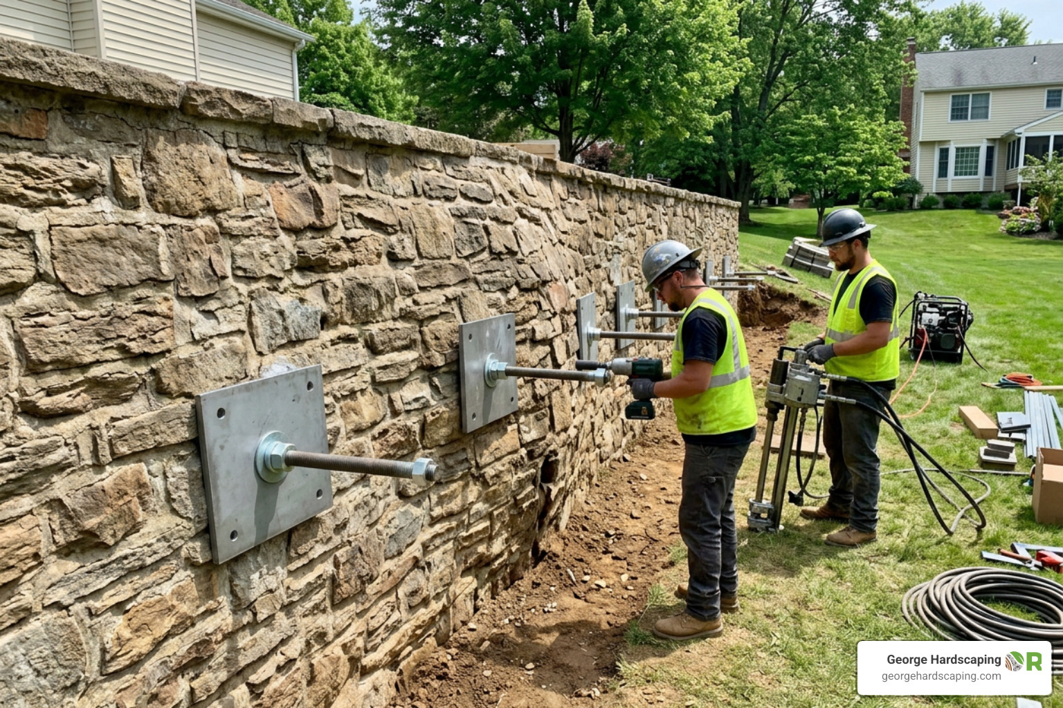Professional wall anchor installation to stabilize a bulging masonry wall Professional wall anchor installation to stabilize a bulging masonry wall