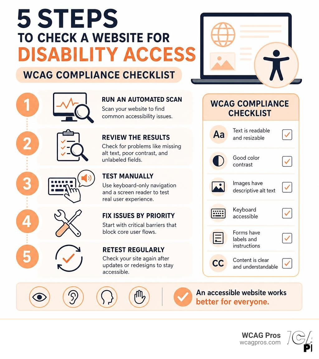 infographic showing 5 steps to check a website for disability access with WCAG compliance checklist infographic infographic showing 5 steps to check a website for disability access with WCAG compliance checklist infographic