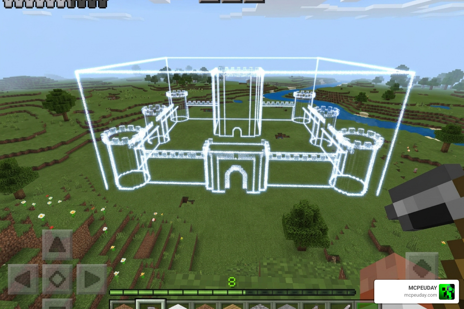 Particle preview outline showing where the structure will be placed