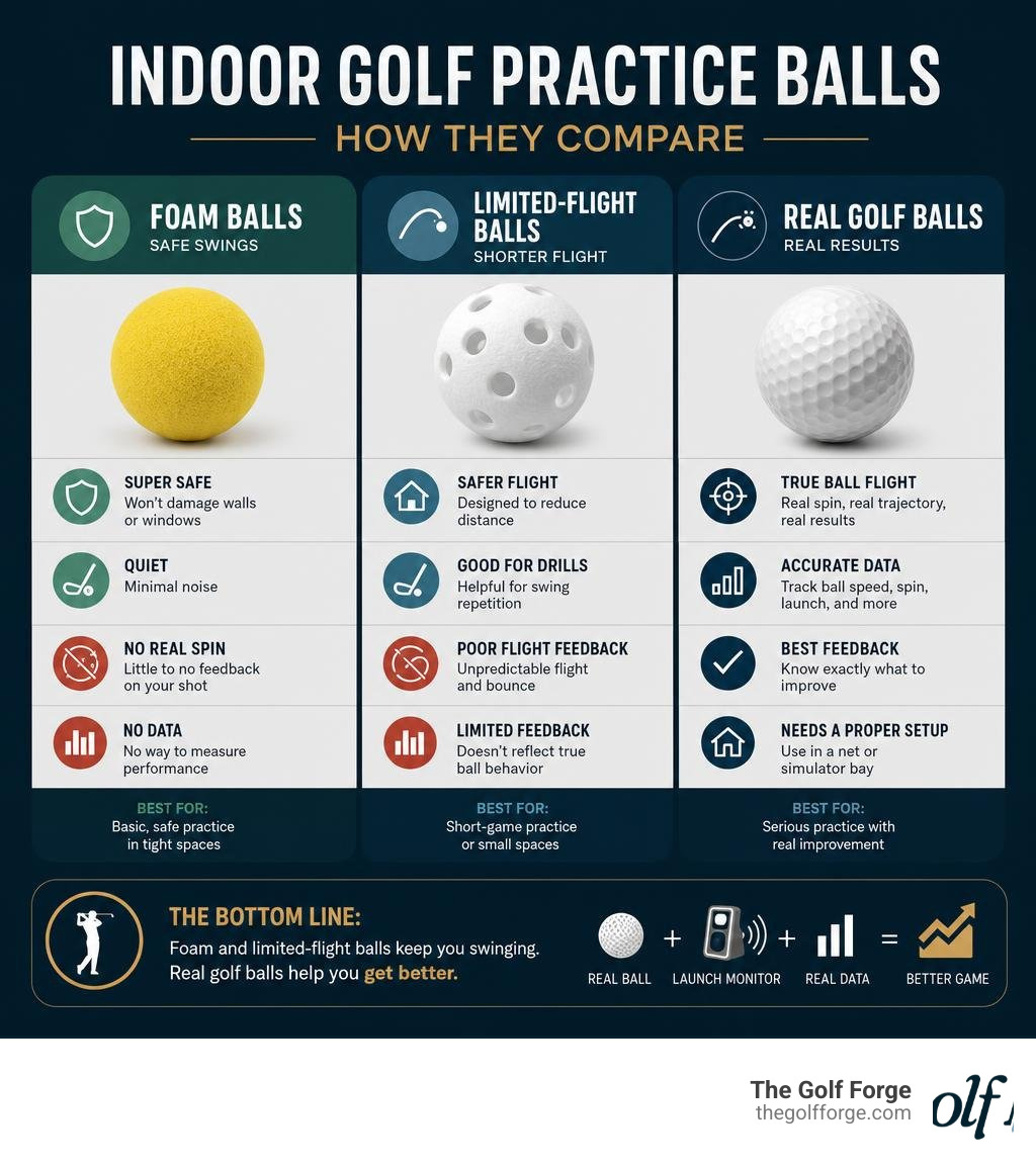 Infographic comparing foam, limited-flight, and real golf balls for indoor practice infographic Infographic comparing foam, limited-flight, and real golf balls for indoor practice infographic