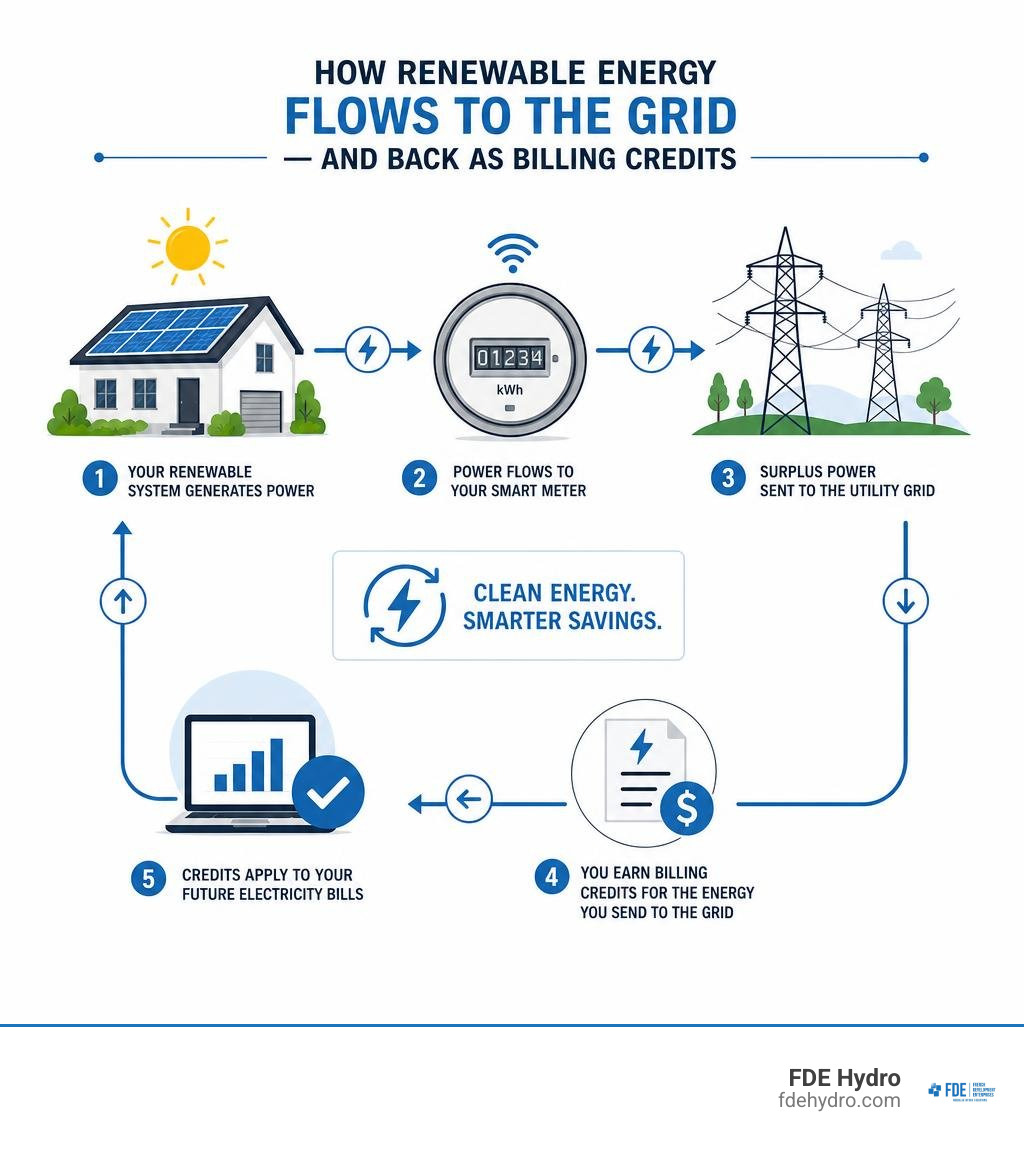 Infographic showing how home-generated renewable electricity flows from panels to smart meter to utility grid and back as