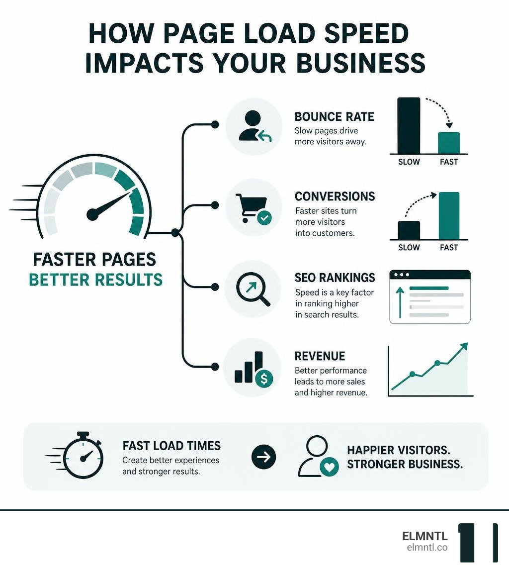 Infographic showing how page load speed impacts bounce rate, conversions, SEO rankings, and revenue infographic