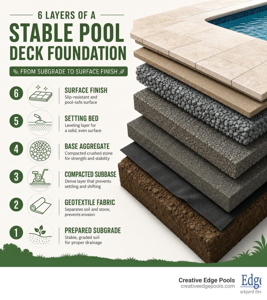 Infographic showing the 6 layers of a stable pool deck foundation from subgrade to surface finish infographic