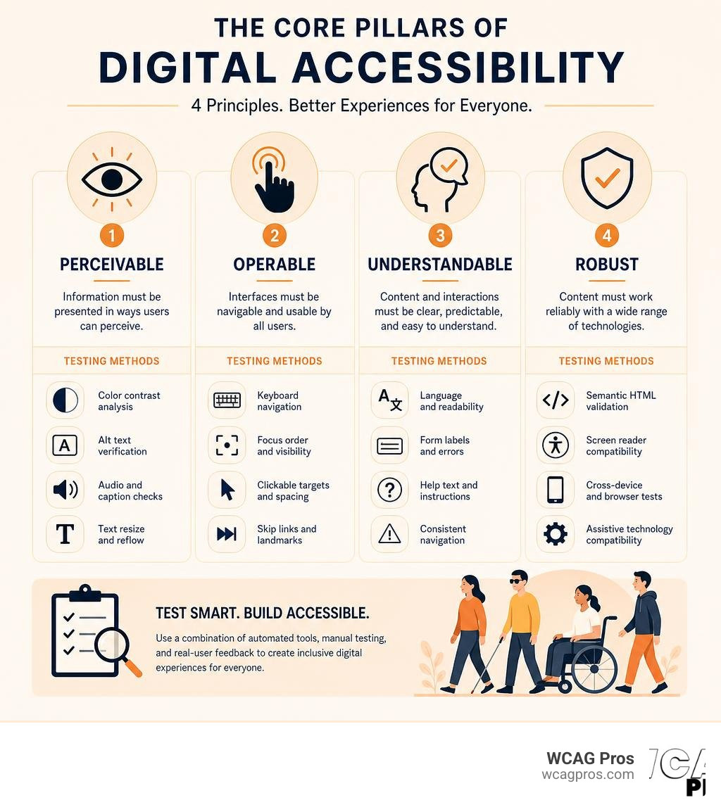 Core pillars of digital accessibility: perceivable, operable, understandable, robust with testing methods mapped to each Core pillars of digital accessibility: perceivable, operable, understandable, robust with testing methods mapped to each