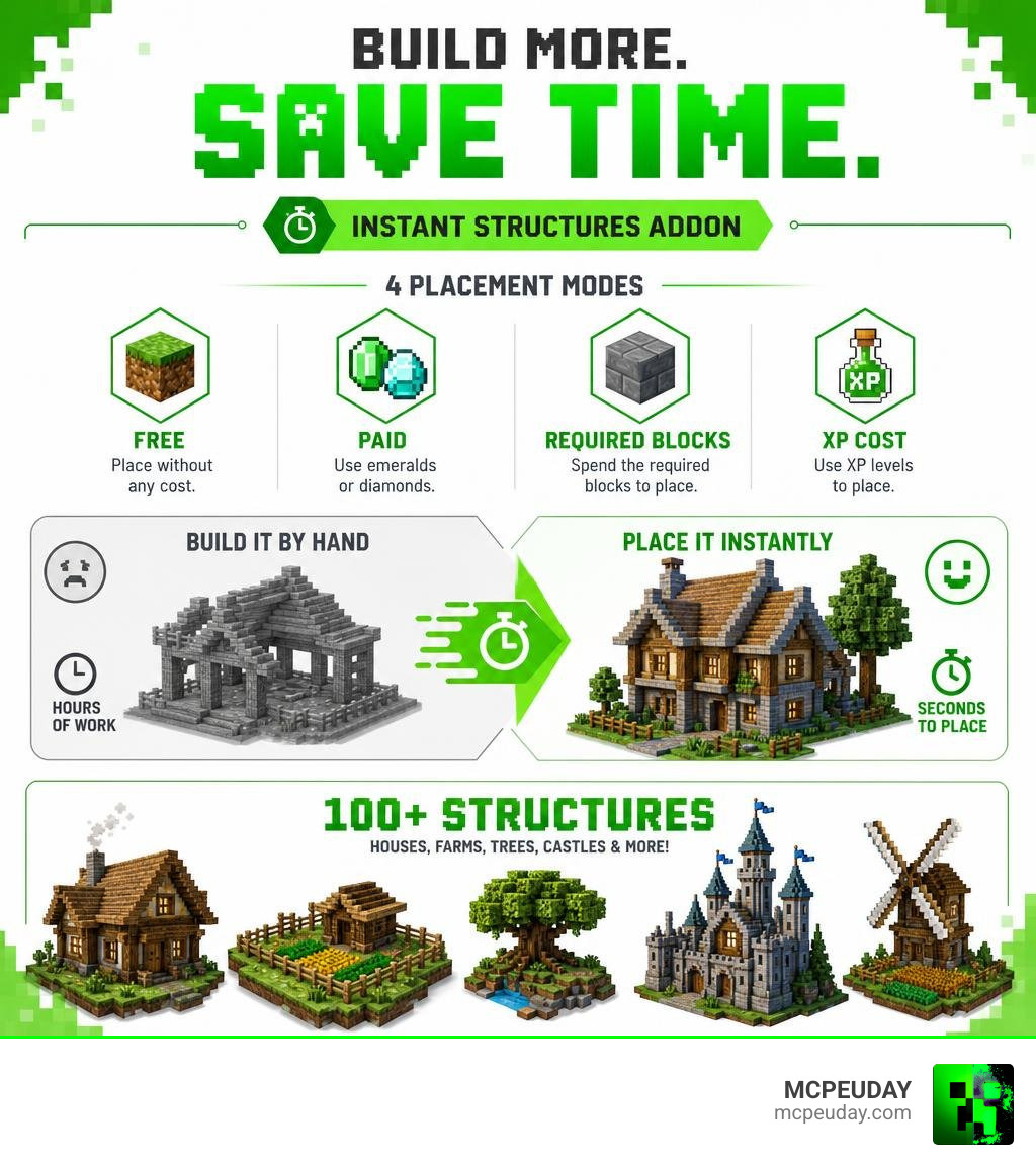 Infographic showing how Instant Structures Addon saves build time with 4 placement modes and 100+ structures infographic