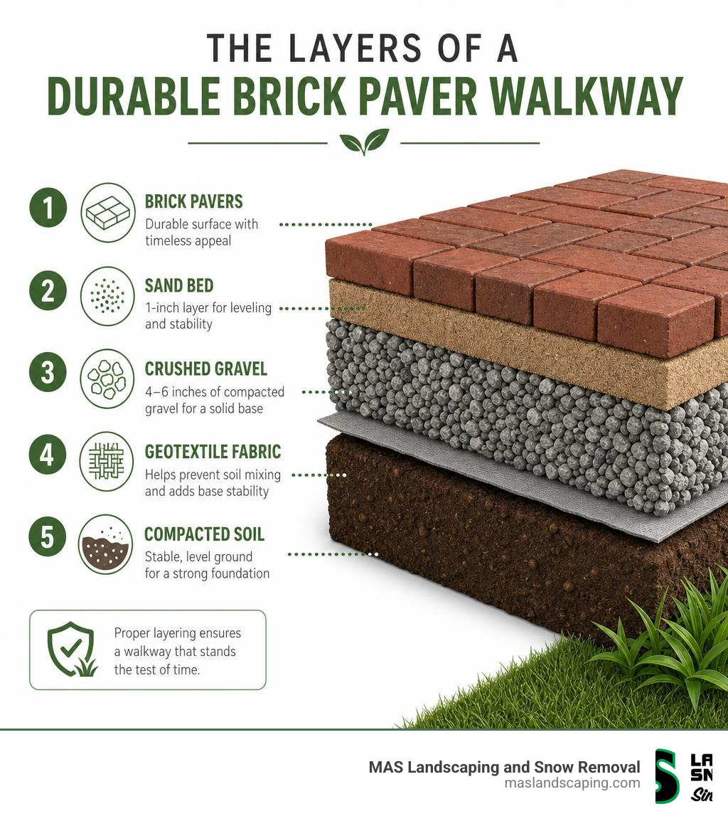 Infographic showing the layers of a durable brick paver walkway from soil to surface infographic