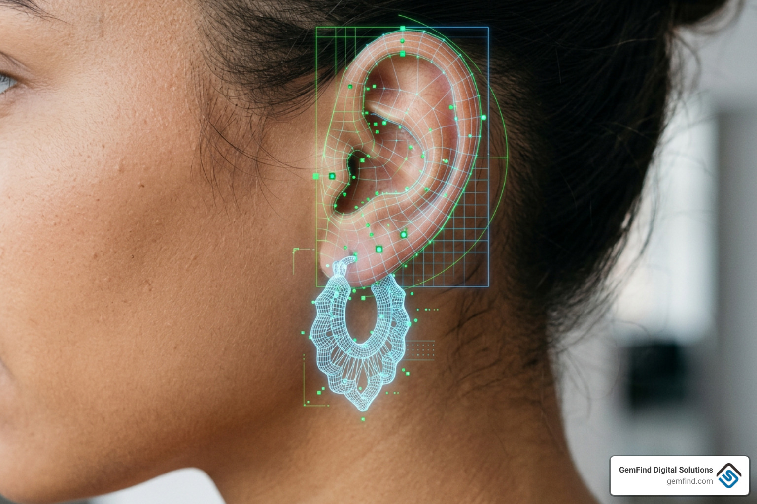 3D earring wireframe showing digital tracking points and ear alignment mapping