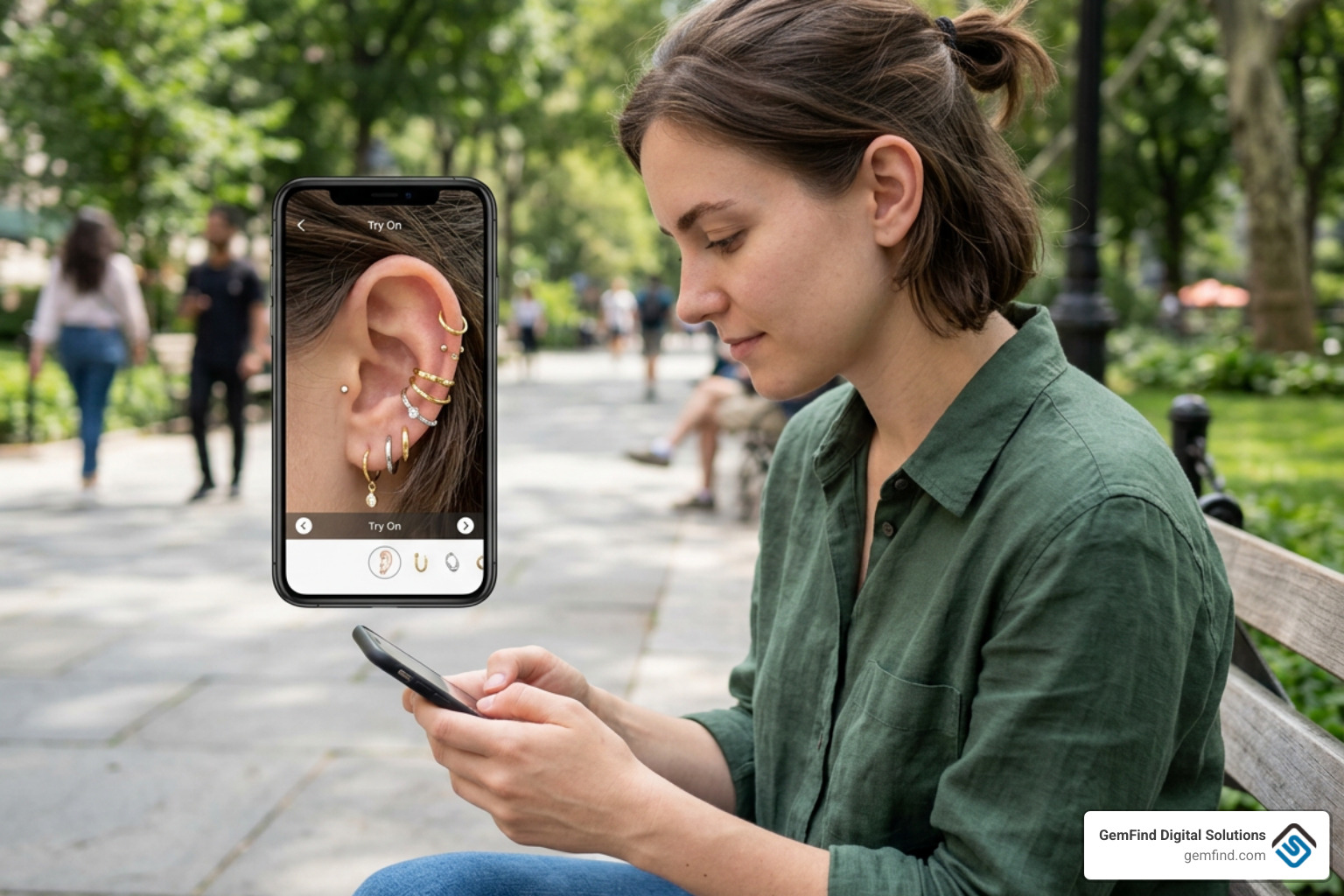 A customer coordinating multiple virtual earrings in stack mode on their smartphone