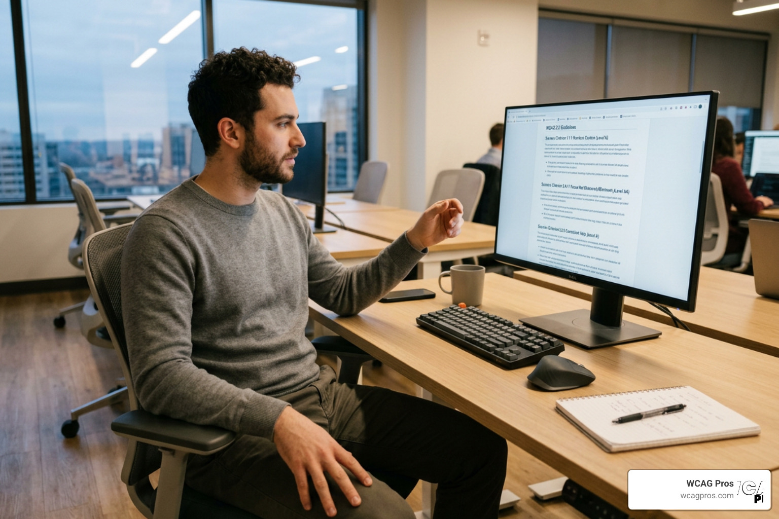 Web developer reviewing WCAG 2.2 guidelines for accessibility testing Web developer reviewing WCAG 2.2 guidelines for accessibility testing