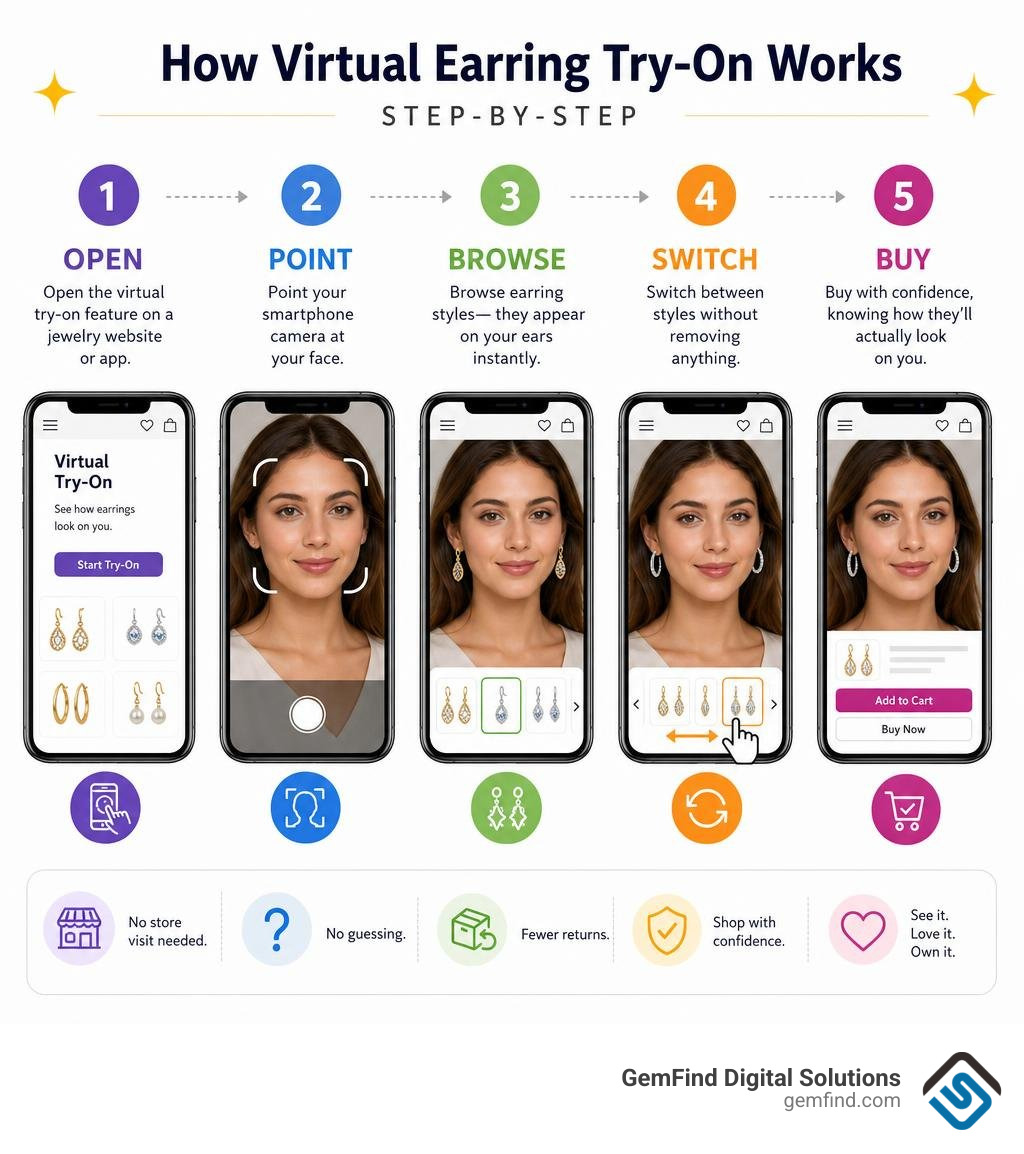 Step-by-step infographic showing how virtual earring try-on works on a smartphone infographic