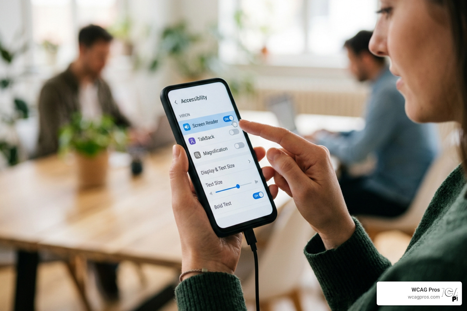 Smartphone displaying mobile accessibility features like screen readers and text scaling Smartphone displaying mobile accessibility features like screen readers and text scaling