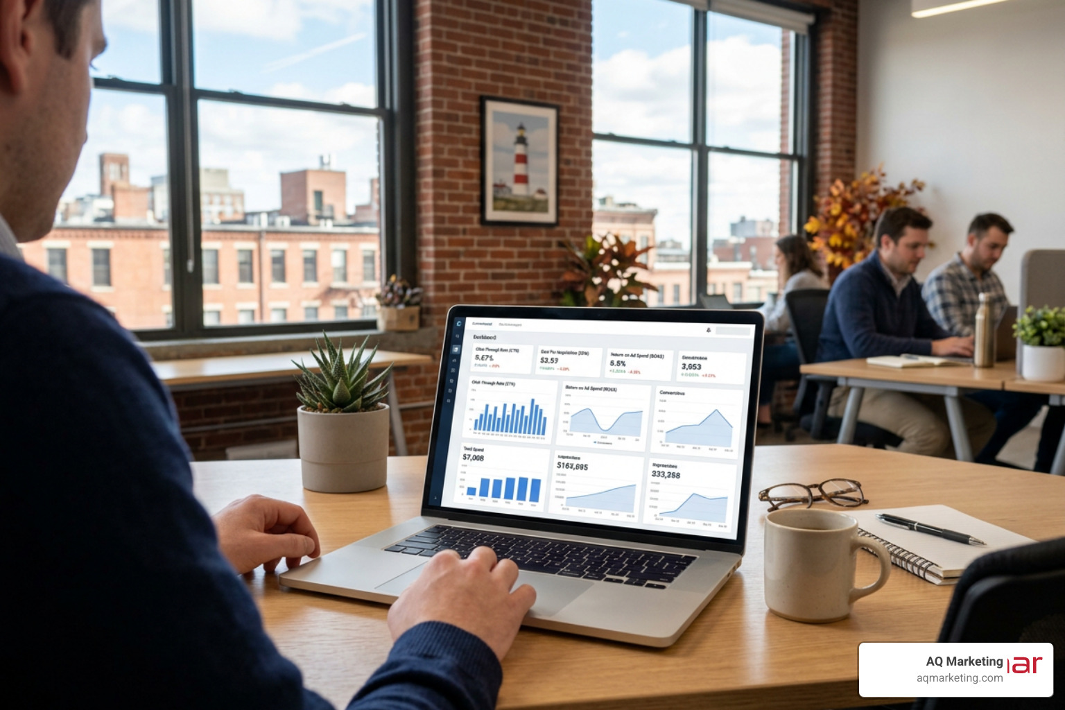 A digital dashboard showing key PPC metrics like CTR, CPA, and ROAS, styled with a modern Boston tech office aesthetic A digital dashboard showing key PPC metrics like CTR, CPA, and ROAS, styled with a modern Boston tech office aesthetic