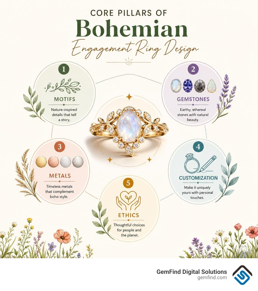 Core pillars of bohemian engagement ring design: motifs, gemstones, metals, customization, and ethics infographic Core pillars of bohemian engagement ring design: motifs, gemstones, metals, customization, and ethics infographic