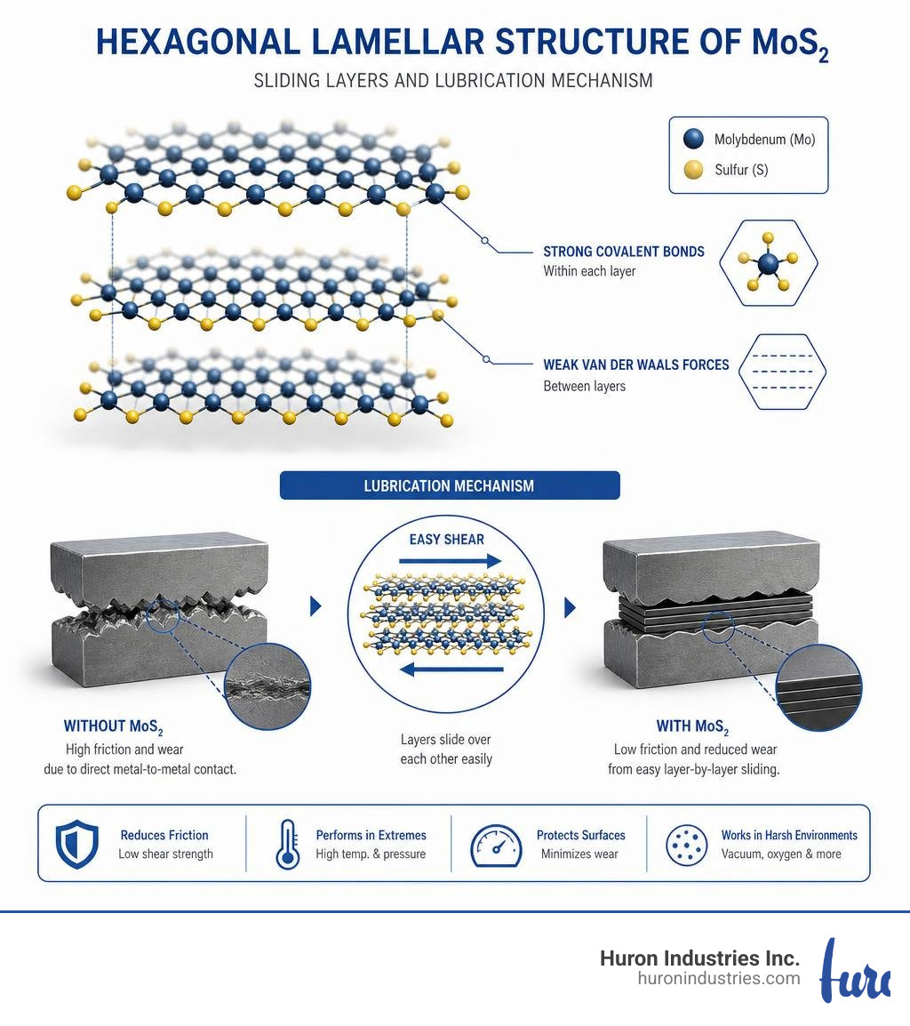 Hexagonal lamellar structure of MoS2 showing sliding layers and lubrication mechanism infographic