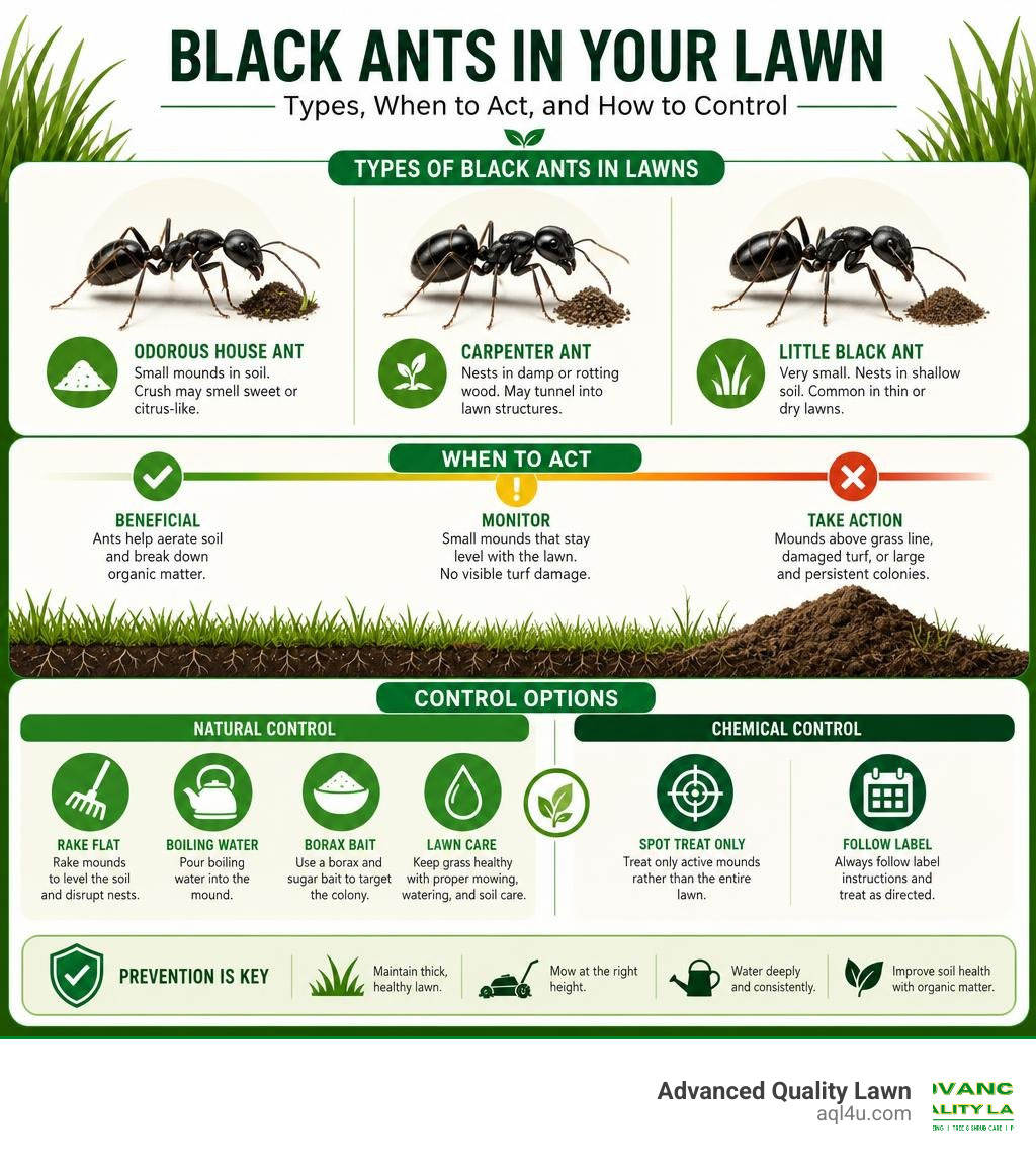 infographic showing types of black ants in lawn, when to act, and natural vs chemical control options infographic infographic showing types of black ants in lawn, when to act, and natural vs chemical control options infographic