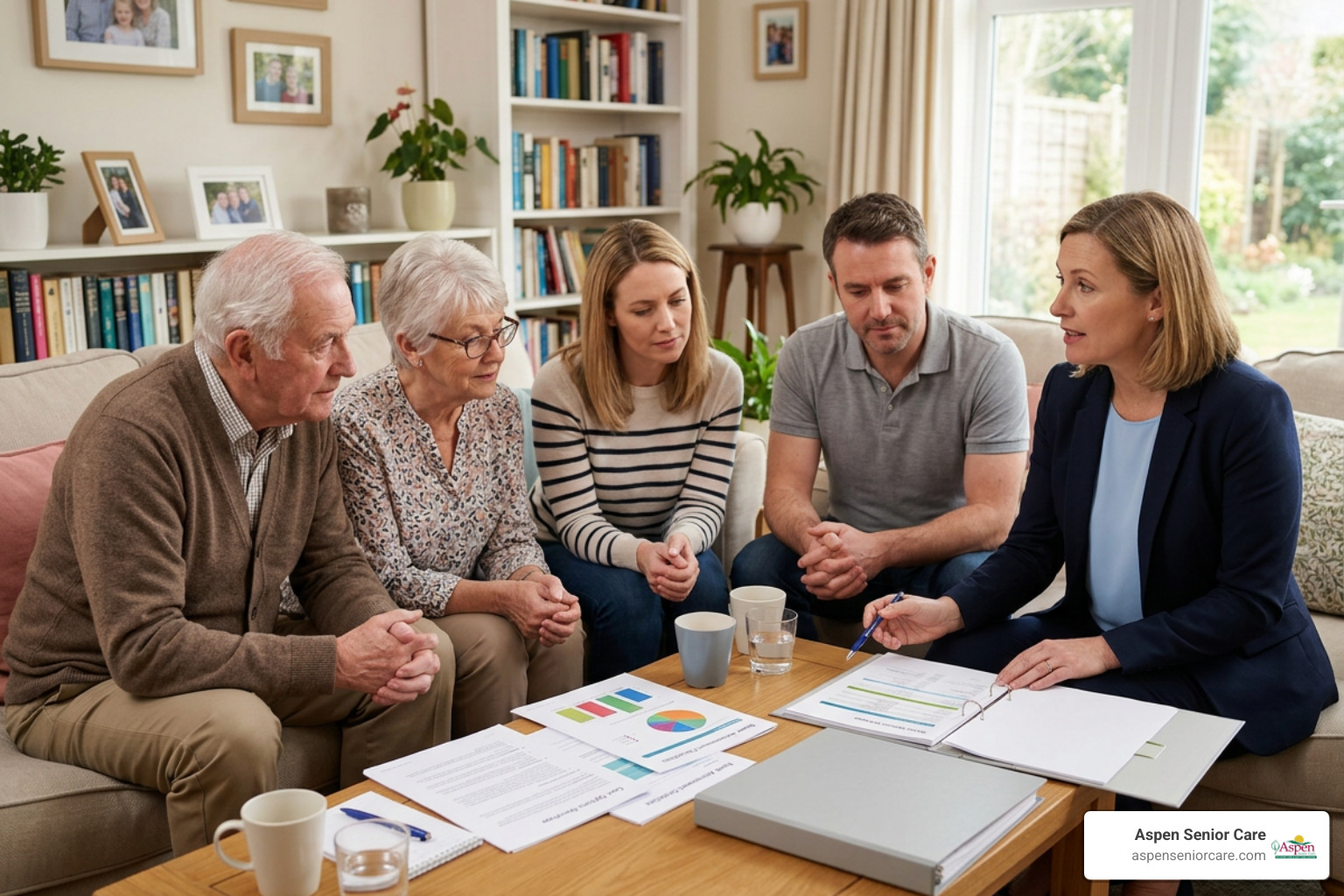 A family sitting around a living room table discussing personalized care plans and senior care options with a professional A family sitting around a living room table discussing personalized care plans and senior care options with a professional