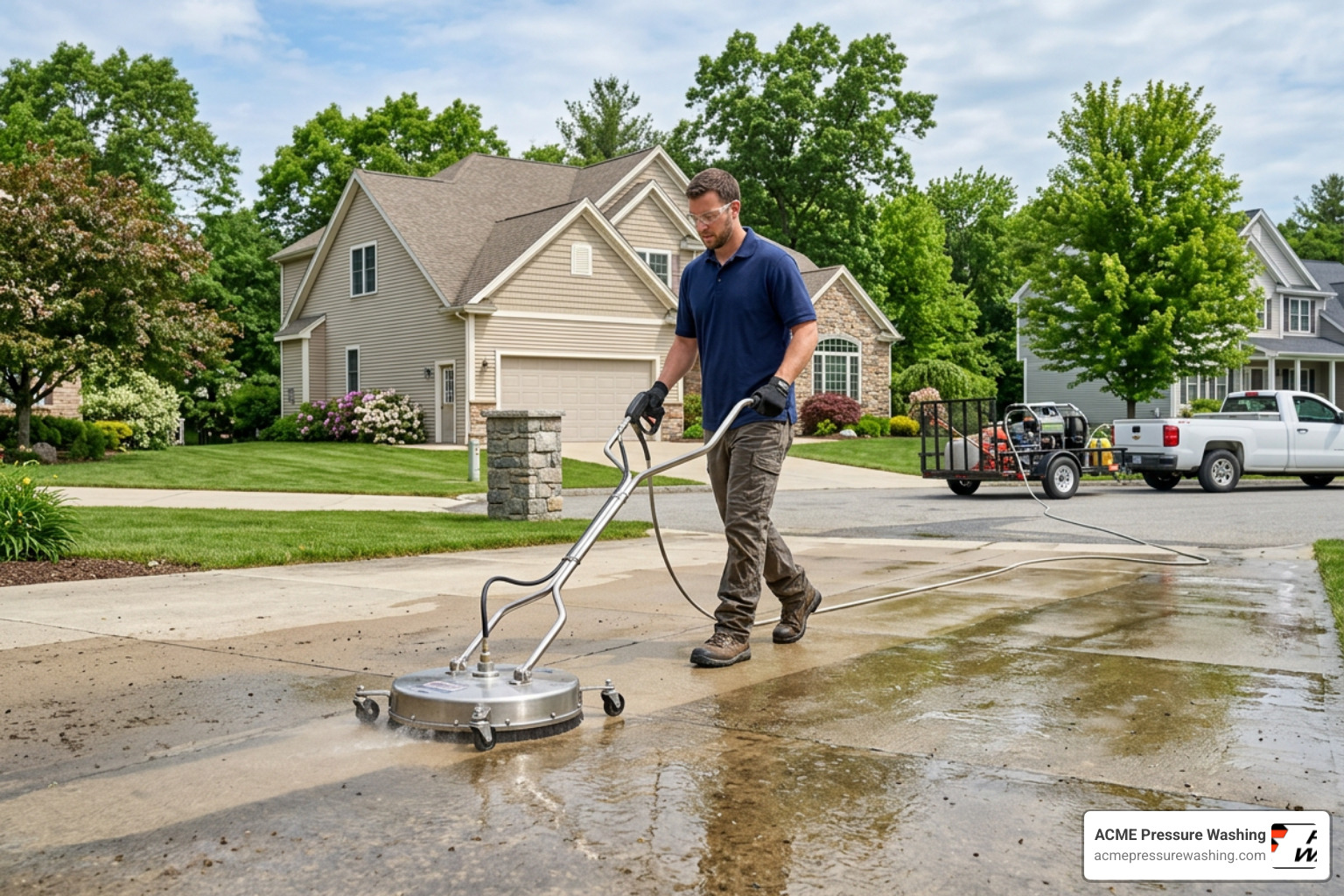 Professional pressure washing technician cleaning a concrete driveway with a surface cleaner in Bedford, NH