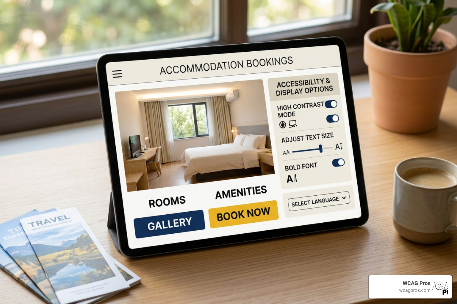 Accessible hotel website interface showing clear contrast and customizable text options Accessible hotel website interface showing clear contrast and customizable text options