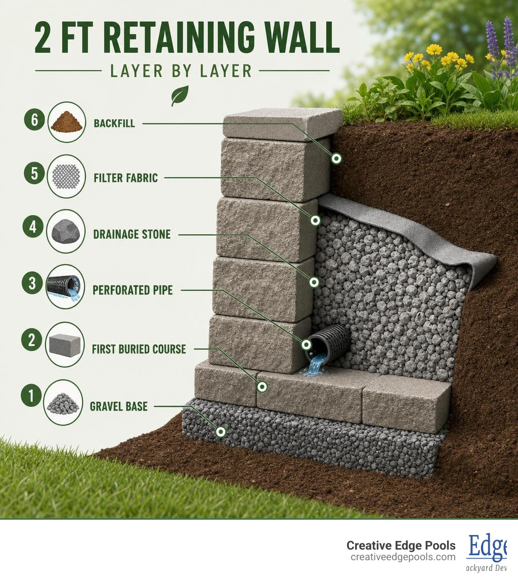 Infographic showing the layers of a 2-foot retaining wall including gravel base, first buried course, drainage stone Infographic showing the layers of a 2-foot retaining wall including gravel base, first buried course, drainage stone