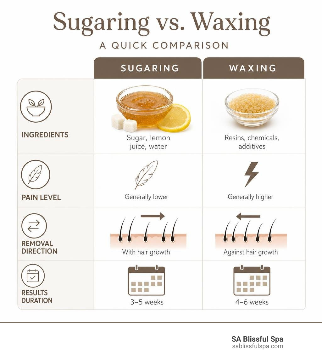 Sugaring vs waxing comparison infographic showing ingredients, pain level, removal direction, and results duration Sugaring vs waxing comparison infographic showing ingredients, pain level, removal direction, and results duration