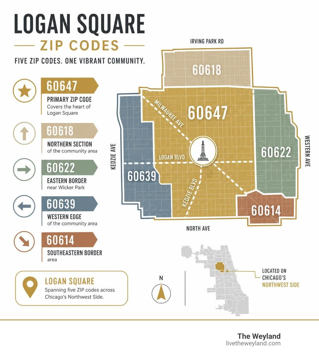 Logan Square ZIP codes infographic showing 60647 as primary and four additional ZIP codes covering the community area Logan Square ZIP codes infographic showing 60647 as primary and four additional ZIP codes covering the community area