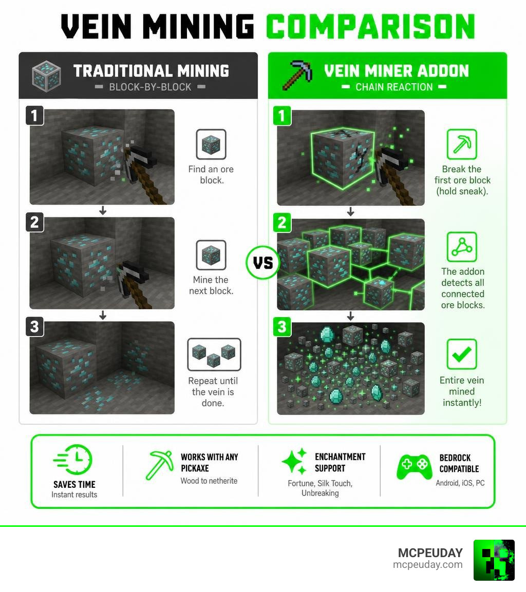 Infographic comparing traditional block-by-block mining vs vein mining addon chain reaction in Minecraft Bedrock infographic