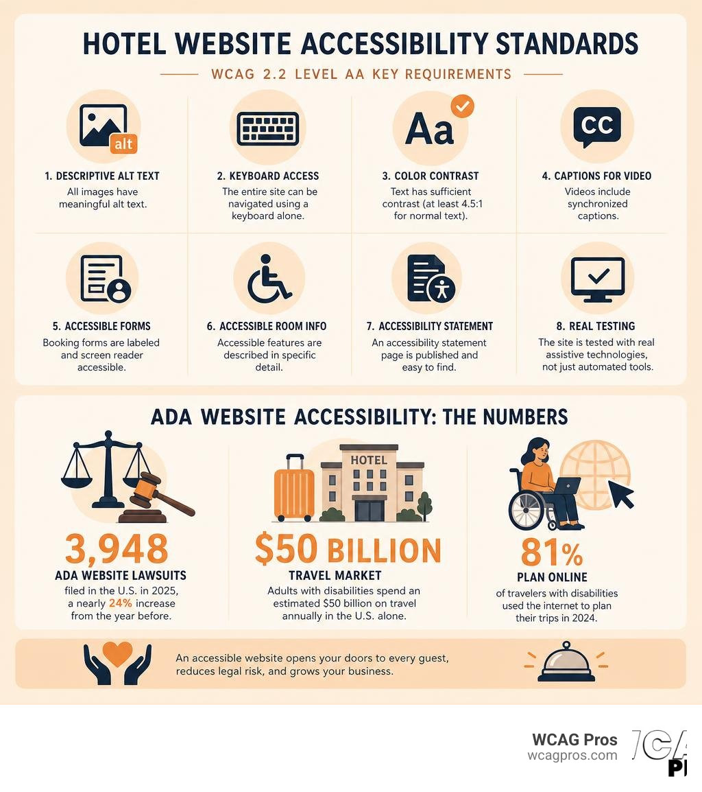 Hotel website accessibility standards infographic showing key WCAG requirements and ADA statistics infographic Hotel website accessibility standards infographic showing key WCAG requirements and ADA statistics infographic