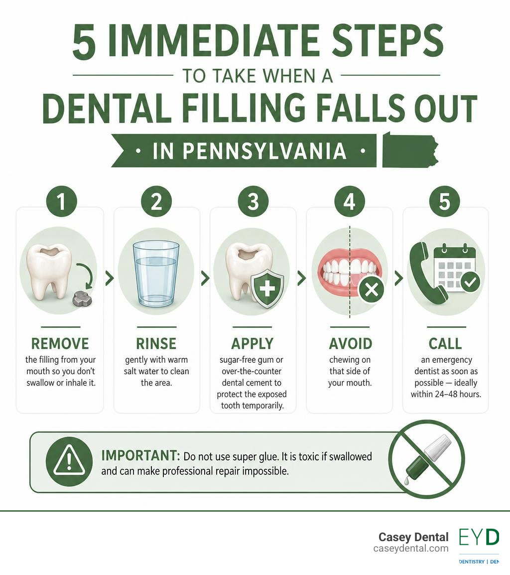 Infographic showing 5 immediate steps to take when a dental filling falls out in Pennsylvania infographic Infographic showing 5 immediate steps to take when a dental filling falls out in Pennsylvania infographic