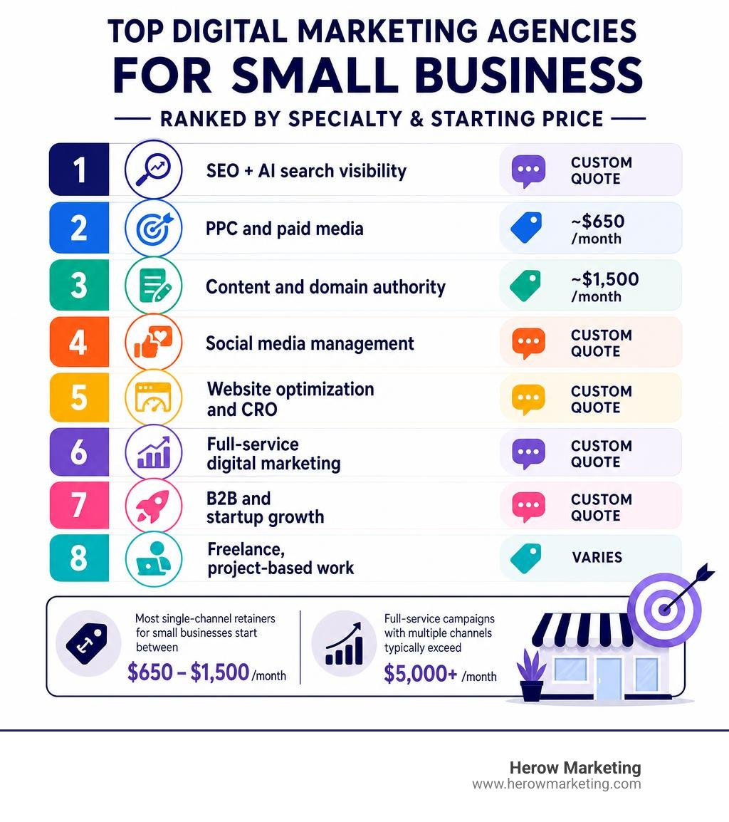 Quick-reference infographic: top digital marketing agencies for small business ranked by specialty and starting price Quick-reference infographic: top digital marketing agencies for small business ranked by specialty and starting price