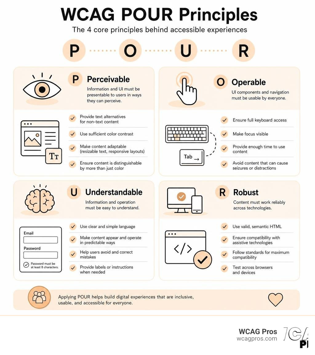 Infographic showing the four WCAG POUR principles: Perceivable, Operable, Understandable, Robust with key checklist items Infographic showing the four WCAG POUR principles: Perceivable, Operable, Understandable, Robust with key checklist items