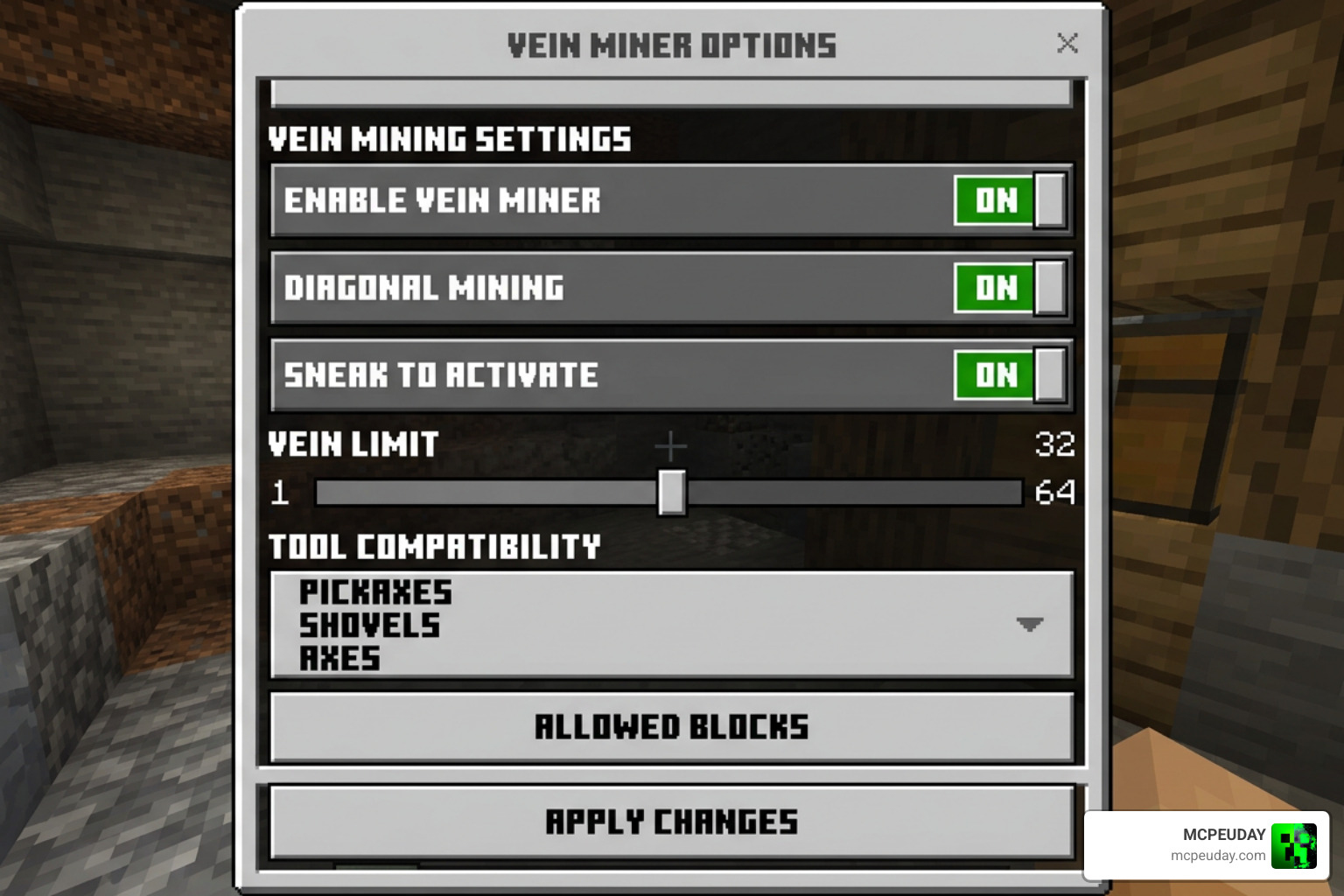 Addon interface in Minecraft Bedrock showing vein miner configuration