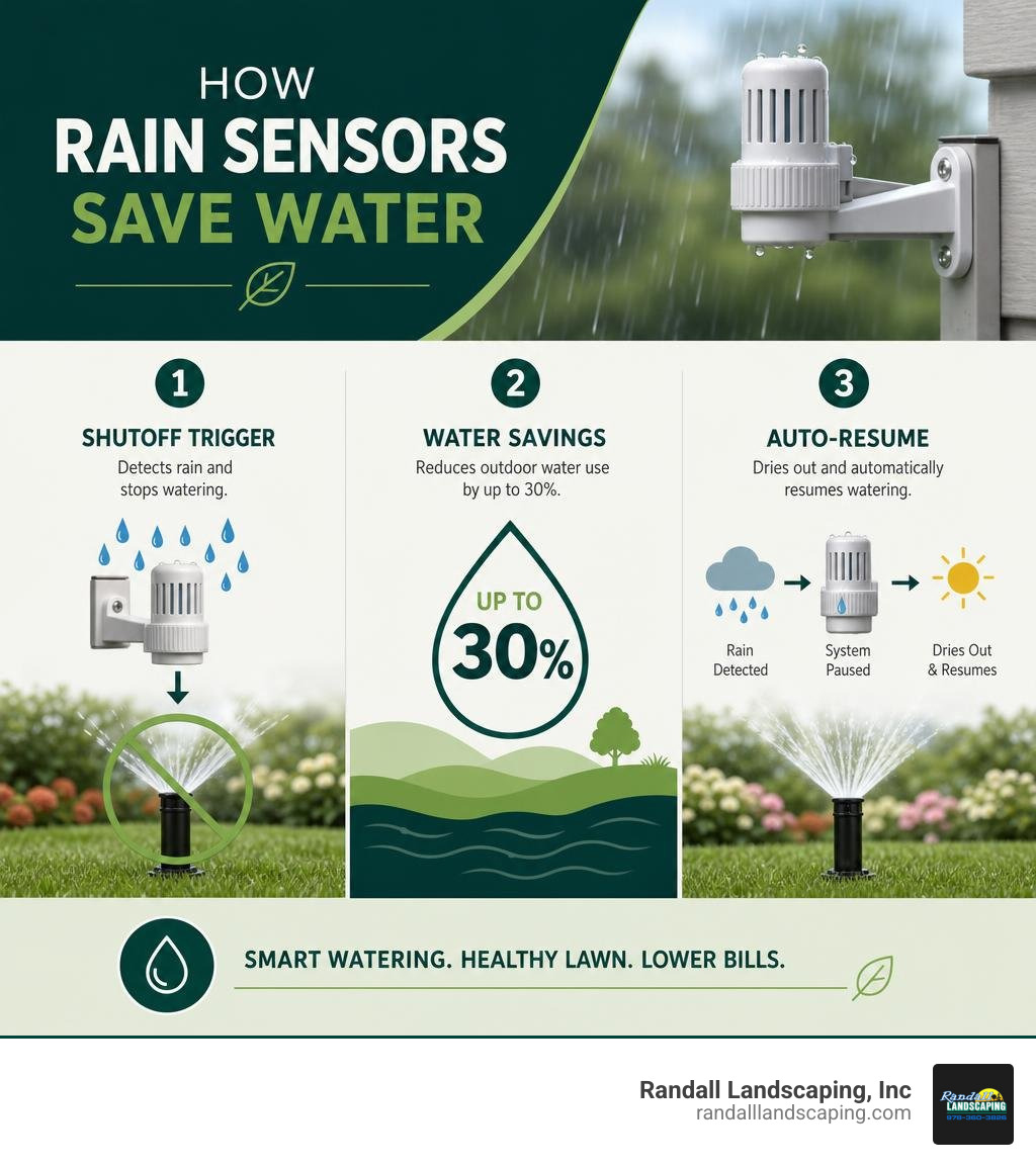 How rain sensors save water infographic showing shutoff trigger, water savings percent, and auto-resume steps infographic How rain sensors save water infographic showing shutoff trigger, water savings percent, and auto-resume steps infographic