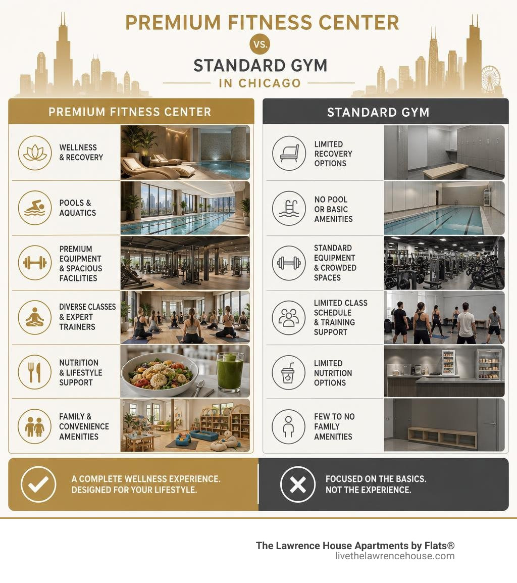 Infographic comparing premium fitness center amenities vs standard gym amenities in Chicago infographic